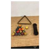 Vintage Billiard Ball Set with Wooden Triangle Rack and Brush