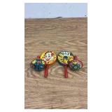 Set of 4 Vintage Tin Litho Clown Noisemakers with Red Handles