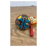 Set of 4 Vintage Tin Litho Clown Noisemakers with Red Handles