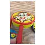 Set of 4 Vintage Tin Litho Clown Noisemakers with Red Handles