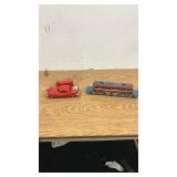 Vintage Red Tin Toy Car with Wired Remote and Train Car