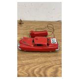 Vintage Red Tin Toy Car with Wired Remote and Train Car