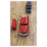 Vintage Red Tin Toy Car with Wired Remote and Train Car