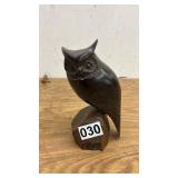 Hand-Carved Wooden Owl Figurine on Base