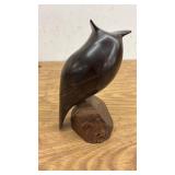 Hand-Carved Wooden Owl Figurine on Base