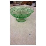 Green Uranium Glass Pedestal Candy Dish with Patterned Design