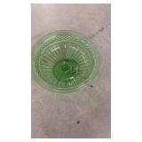 Green Uranium Glass Pedestal Candy Dish with Patterned Design