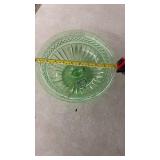 Green Uranium Glass Pedestal Candy Dish with Patterned Design