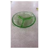 Green Uranium Glass 3-Section Divided Plate with Floral Pattern