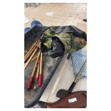 Ice Fishing Lot with Manual Auger, Gear, Wooden Fish Hook Rack, Net, and Fillet Knife