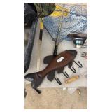 Ice Fishing Lot with Manual Auger, Gear, Wooden Fish Hook Rack, Net, and Fillet Knife