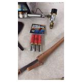 Ice Fishing Lot with Manual Auger, Gear, Wooden Fish Hook Rack, Net, and Fillet Knife