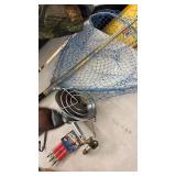 Ice Fishing Lot with Manual Auger, Gear, Wooden Fish Hook Rack, Net, and Fillet Knife