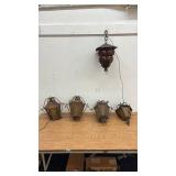 Set of 5 Vintage Wrought Iron Outdoor Lights with Amber Glass Panels