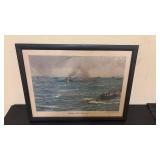 Framed Sinking of the Bismarck Print by Wilfrid Dawson 1943