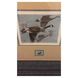 Framed Goose Print Artwork with Stamp and Double Mat