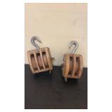 Pair of Vintage Wooden Pulley Blocks with Metal Hooks