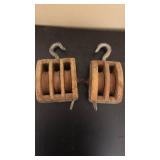 Pair of Vintage Wooden Pulley Blocks with Metal Hooks