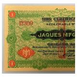 1912 Jaques Mfg. Co. Food Coupon Certificate (In Protective Sleeve)