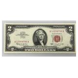 2 Dollar Bill From 1963 With Red Seal And Red Numbers (Very Good Condition) In Protective Sleeve)