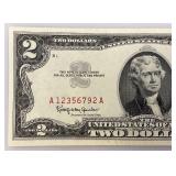 2 Dollar Bill From 1963 With Red Seal And Red Numbers (Very Good Condition) In Protective Sleeve)