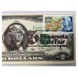 1976 Uncirculated $2 Dollar Bill Bicentennial 1st Day Stamp  "76 Minnesota State Fair Ink Stamp (In Protective Sleeve)