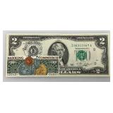 1976 Uncirculated $2 Dollar Bill Bicentennial 1st Day Stamp  Pioneer Postal Emporium Ink Stamp (In Protective Sleeve)