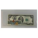 1976 Uncirculated $2 Dollar Bill Bicentennial 1st Day Stamp  Pioneer Postal Emporium Ink Stamp (In Protective Sleeve)