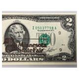 1976 Uncirculated $2 Dollar Bill Bicentennial 1st Day Stamp  "76 Minnesota State Fair Ink Stamp (In Protective Sleeve)