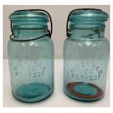 Vintage Blue Glass Canning Jars With Glass Lids