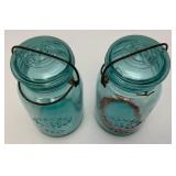 Vintage Blue Glass Canning Jars With Glass Lids