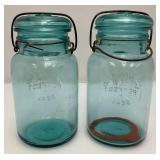 Vintage Blue Glass Canning Jars With Glass Lids