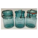 Vintage Blue Glass Canning Jars With Glass Lids
