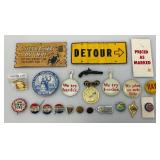 Vintage Collectible Political Buttons, Miniature License Plate Charm And More