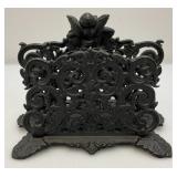 Antique Ornate Black Cast Iron Napkin/Letter Holder With Angel Cherub
