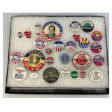 Vintage Collection Of Political Buttons And Bumper Stickers In Glass Front Display Case