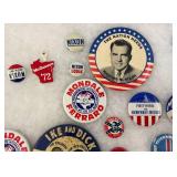 Vintage Collection Of Political Buttons And Bumper Stickers In Glass Front Display Case