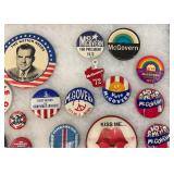 Vintage Collection Of Political Buttons And Bumper Stickers In Glass Front Display Case
