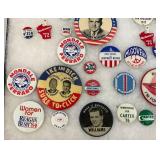 Vintage Collection Of Political Buttons And Bumper Stickers In Glass Front Display Case