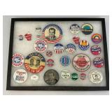 Vintage Collection Of Political Buttons And Bumper Stickers In Glass Front Display Case