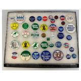 Vintage Collection Of Political Buttons In Glass Front Display Case