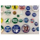 Vintage Collection Of Political Buttons In Glass Front Display Case