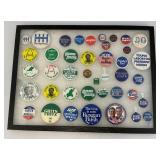 Vintage Collection Of Political Buttons In Glass Front Display Case
