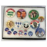 Vintage Collection Of Political Buttons In Glass Front Display Case