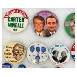 Vintage Collection Of Political Buttons In Glass Front Display Case