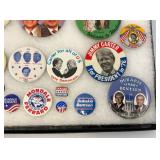 Vintage Collection Of Political Buttons In Glass Front Display Case