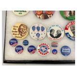 Vintage Collection Of Political Buttons In Glass Front Display Case