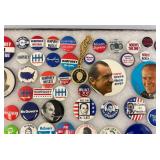 Vintage Collection Of Political Buttons In Glass Front Display Case