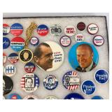 Vintage Collection Of Political Buttons In Glass Front Display Case