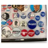 Vintage Collection Of Political Buttons In Glass Front Display Case